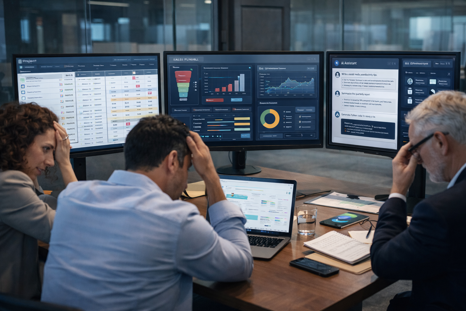 business team struggling with disconnected dashboards spreadsheets and AI reports illustrating hidden costs of poor AI implementation